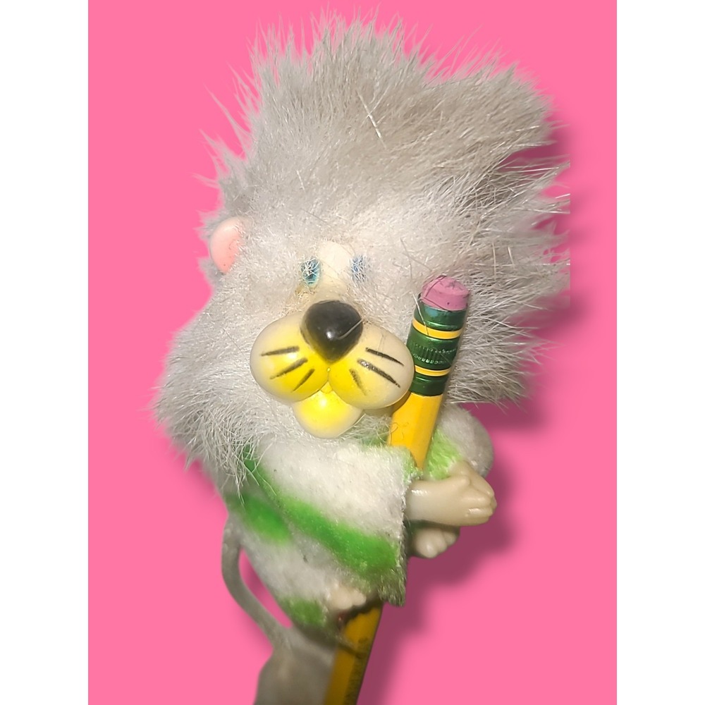 Vintage 80s Fuzzy Animal Pencil Hugger Topper Plush Clip On Novelty School‎ Toy
